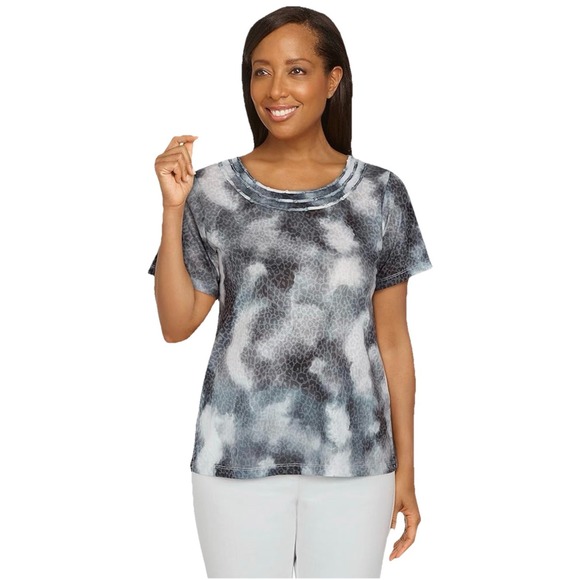 Alfred Dunner Womens Animal Tie Dye Burnout Top, Black/White, Size S New - Picture 1 of 12